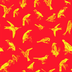 Seamless pattern with floral romantic elements, for your design. Endless texture, sketch humming-birds, watercolor flowers, isolated Vector illustration.
