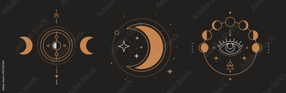 Poster set of mystical compositions with a crescent moon, phases of the moon, stars on dark background. boh