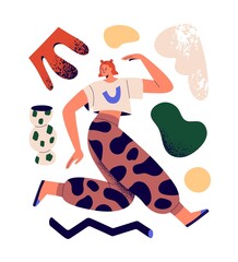 Modern young active creative person among abstract geometric shapes. Woman creator with contemporary ideas. Business and creativity concept. Flat vector illustration isolated on white background © Good Studio