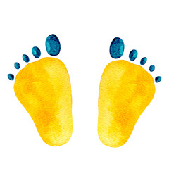 Watercolor cartoon human yellow footprints isolated