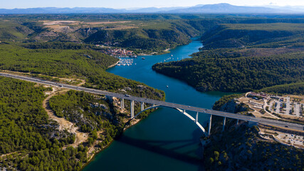 Naklejka na ściany i meble Aerial View of Bridge Over River Krka, Skradin, Croatia