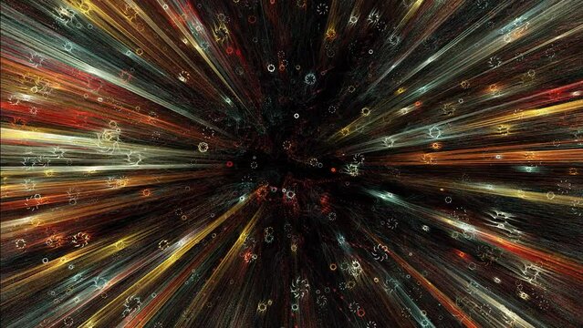 Animated video of abstract random glowing objects appear,  race towards viewer then fade to black