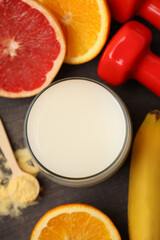 Concept of sports or fitness nutrition, top view