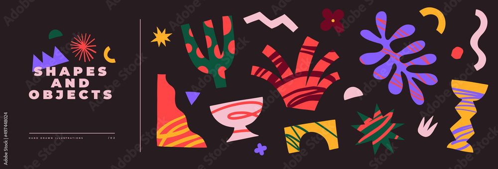 Aufkleber Collection of abstract graphic forms on a dark background. Minimalist elements in the style of modern art. Universal vector illustration for your design in a flat style. Shapes and objects.
