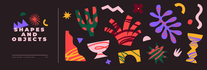 Collection of abstract graphic forms on a dark background. Minimalist elements in the style of modern art. Universal vector illustration for your design in a flat style. Shapes and objects.