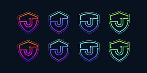 Letter J logotype with Line Dots and Cyber Shield Security Logo Digital Technology Business Company