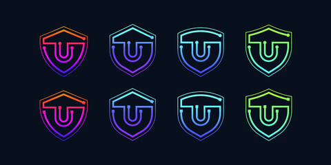 Letter U logotype with Line Dots and Cyber Shield Security Logo Digital Technology Business Company