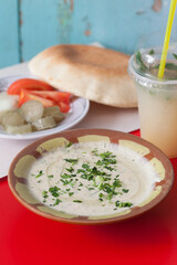 Hummus served with pita bread, vegetables and a cold beverage 