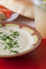 Hummus served with pita bread, vegetables and a cold beverage 