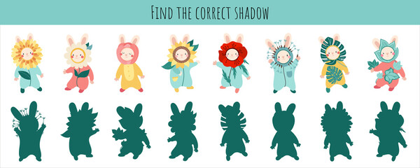 Fototapeta na wymiar Find the correct shadow. Cute rabbit with flowers. Educational game with fun character. Logic game for Kid. Cartoon cute illustration on white background.