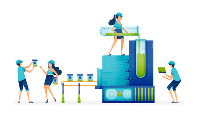 Illustration of factories and manufacturers to process and produce covid 19 antivirus by operating mass industrial machines. Can be used for landing page, web, website, banner, business card, apps