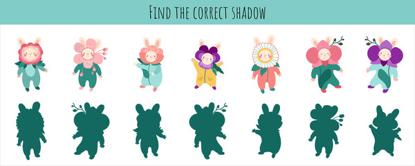 Find the correct shadow. Cute rabbit with flowers. Learning children game. Logic game for Kid. Cartoon cute illustration on white background.