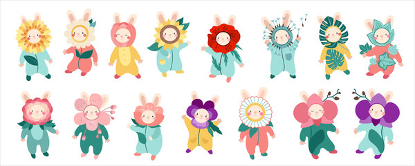 Rabbits flowers. Cute bunnies in flower suit for baby fabrics, cards and invitations. Monstera, crocus, tulip, orchid, ivy, daisy, peony, poppy, sakura, pansy. Set of illustrations on white background