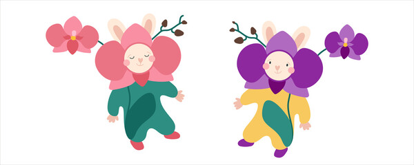 Rabbits in orchid costume. Cute bunnies with flowers. Illustration for baby fabrics, wallpaper, cards, poster and invitations isolated on white background.