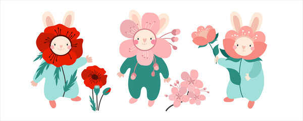 Rabbits flowers. Poppy, sakura and apple blossom. Cute bunnies for baby fabrics, wallpaper, cards and invitations. Illustrations isolated on white background 