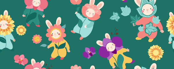 Cute rabbits in floral costumes. Orchid, gerbera, ivy.  Seamless pattern with rabbits and flowers. Illustration isolated on green background
