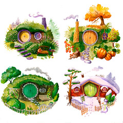 
The collection of four watercolor hobbits houses in winter,spring, summer, autumn seasons on white background - obrazy, fototapety, plakaty