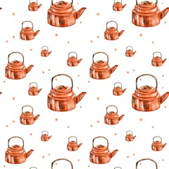 Seamless pattern with bright orange teapots. Pattern for the kitchen. Idea for kitchen textiles, wallpaper, prrint for wrapping paper.