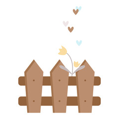 Farm wooden fence, simple flowers and hearts. Spring baby clipart, vector simple illustration. Pastel colors, brown, blue, yellow, grey, mother's day, farm, easter, spring day, garden.