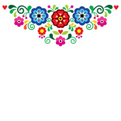 Mexican traditional embroidery style vector greeting card or wedding invitation design, retro top pattern set with flowers leaves and hearts
 
