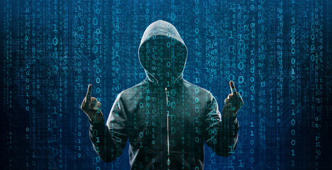 Wanted Hacker is Coding Virus Ransomware Using Abstract Binary Code. Cyberattack, System Breaking...
