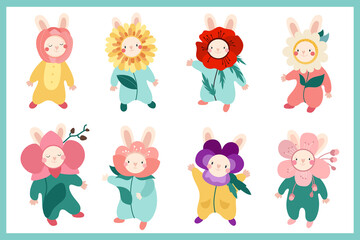 Rabbits flowers. Cute bunnies in flower suit. Monstera, crocus, tulip, orchid, ivy, daisy, peony, poppy, sakura, pansy. Illustrations on white background