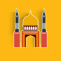 Fototapeta premium Muslim Community Festival Concept With Sticker Style Mosque Illustration Against Orange Background.