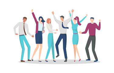 Happy business team people jumping, having fun, celebrating success. Office work. The concept of achieving the goal. Flat vector illustration. - obrazy, fototapety, plakaty