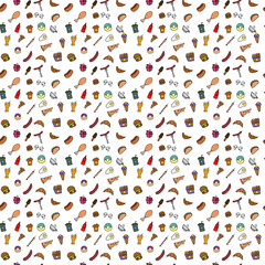 hand drown vector pattern with fast food icons. Doodle fast food icons. seamless pattern with food icons. Fast food set icons, fastfood background.  food icons on white background