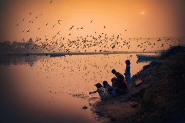 sunset at the sacred yamuna river 