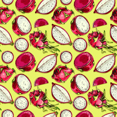 655_dragon fruit dragon fruit, set of vector colorful illustrations, ripe fruit, pink, green, white, whole and pieces, exotic tropical fruit whole and pieces, seamless pattern, tropical exotic fruits