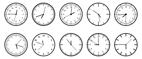 Set of hours different formy on white background. Vector illustration of time, stopwatch, clock in flat style.