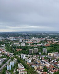 Aerial view looking over Munich Germany with buildings and landmarks. 