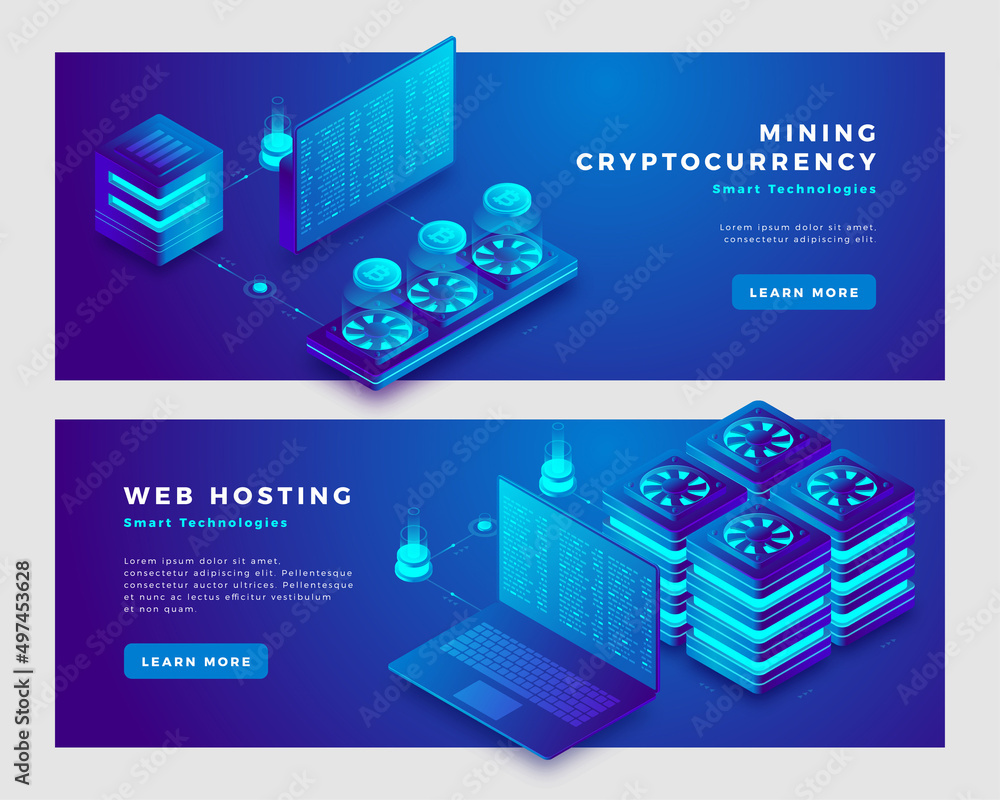Wall mural mining cryptocurrency and web hosting concept banner template.