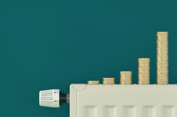 Radiator in a green room with stacked coins, saving energy concept, 3d rendering, stop the consumption of fossil fuels