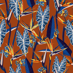 Stylish Vector seamless summer tropical pattern, Jungle foliage, Bird of paradise, palm leaves,small wild flowers. Design for fashion , fabric, textile, wallpaper