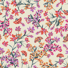 Colourful Blooming Hand drawn paint brused Wild flower ,Meadow floral Seamless pattern Vector illustration artistic style ,Design for fashion , fabric, textile, wallpaper, wrapping