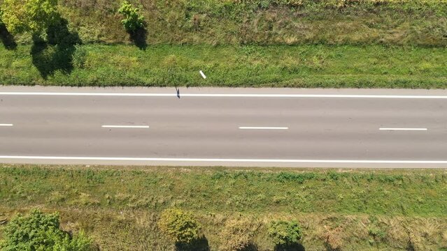Aerial view of milk cistern truck on the road