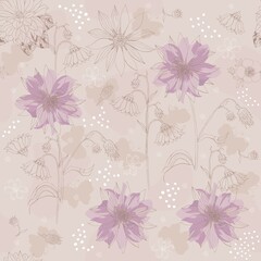 Obraz premium Romantic floral print with Jerusalem artichoke, dahlia, cinquefoil, drawn by outline on a coffee-with-milk color background. Elegant wallpaper, seamless fabric pattern. Natural ornament in vector.