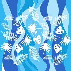 Fototapeta na wymiar Spectacular tropical pattern. White silhouettes of palm leaves against blue waves. Seamless vector print for fabrics, wallpapers.