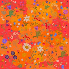 Magic floral ornament on a bright red-orange background. Fairy flowers, berries, butterflies, leaves. Seamless print in vector. Excellent fabric for a dress, sundress.