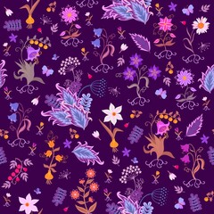 Fototapeta na wymiar Magic natural ditsy pattern with decorative leaves, fabulous flowers, berries, roots, bulbs, butterflies isolated on dark purple background. Seamless floral print for fabric in vector.
