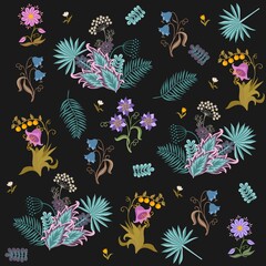 Elegant natural pattern with decorative leaves, fabulous flowers, berries isolated on a black background. Seamless floral print for fabric in vector.