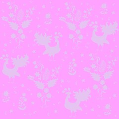 Romantic seamless print for fabric with lavender silhouettes of fabulous peacocks and bouquets of flowers on a beautiful pink background in vector.