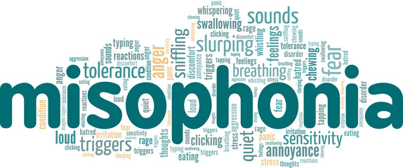 Misophonia conceptual vector illustration word cloud isolated on white background. - obrazy, fototapety, plakaty