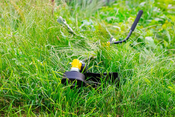 Trimmer for mowing the grass in the garden among the thick grass