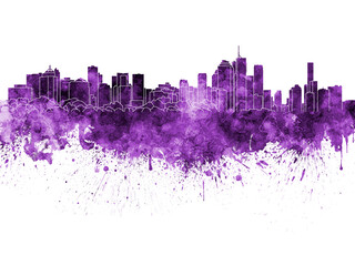 Brisbane skyline in purple watercolor on white background - obrazy, fototapety, plakaty