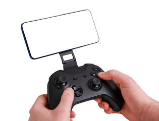 A man playing with a gamepad and smartphone. Hands holding gamepad isolated on white background