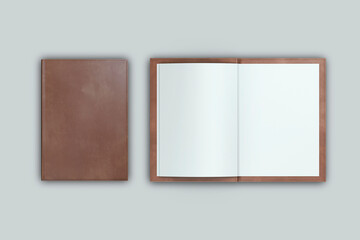 Brown Leather restaurant menu mockup isolated on background. 3d rendering. top and side view. - obrazy, fototapety, plakaty