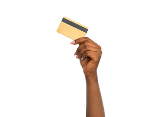 shopping, finance and people concept - close up of female hand with golden credit card over white background